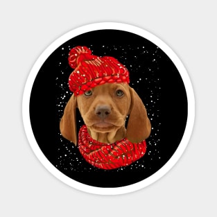 Vizsla Wearing Red Hat And Scarf In Snow Christmas Magnet